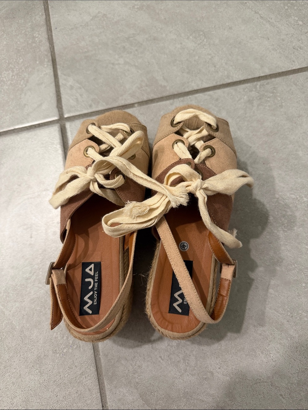 MIA Two-Tone Tan and Cream Canvas Espadrille Flats with Tie Laces
